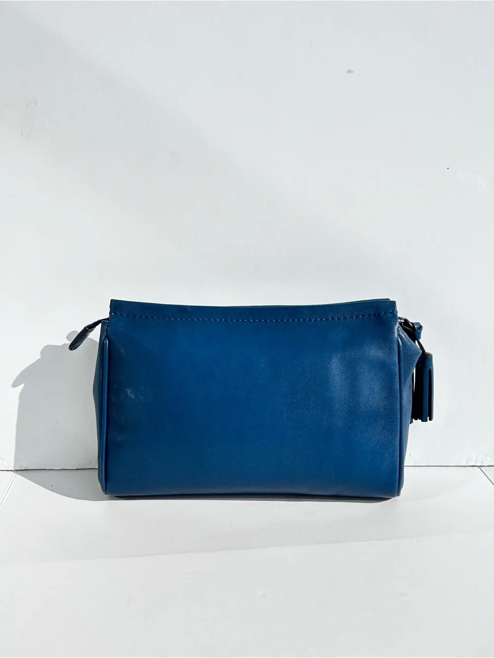 COACH New York Slate Blue Smooth Leather Tassel Clutch Pouch Wristlet Cosmetic